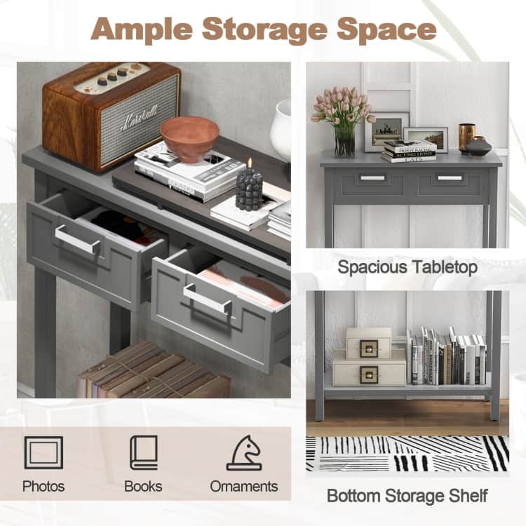 Wooden Console Table with 2 Drawers and Open Storage Shelf for Hallway