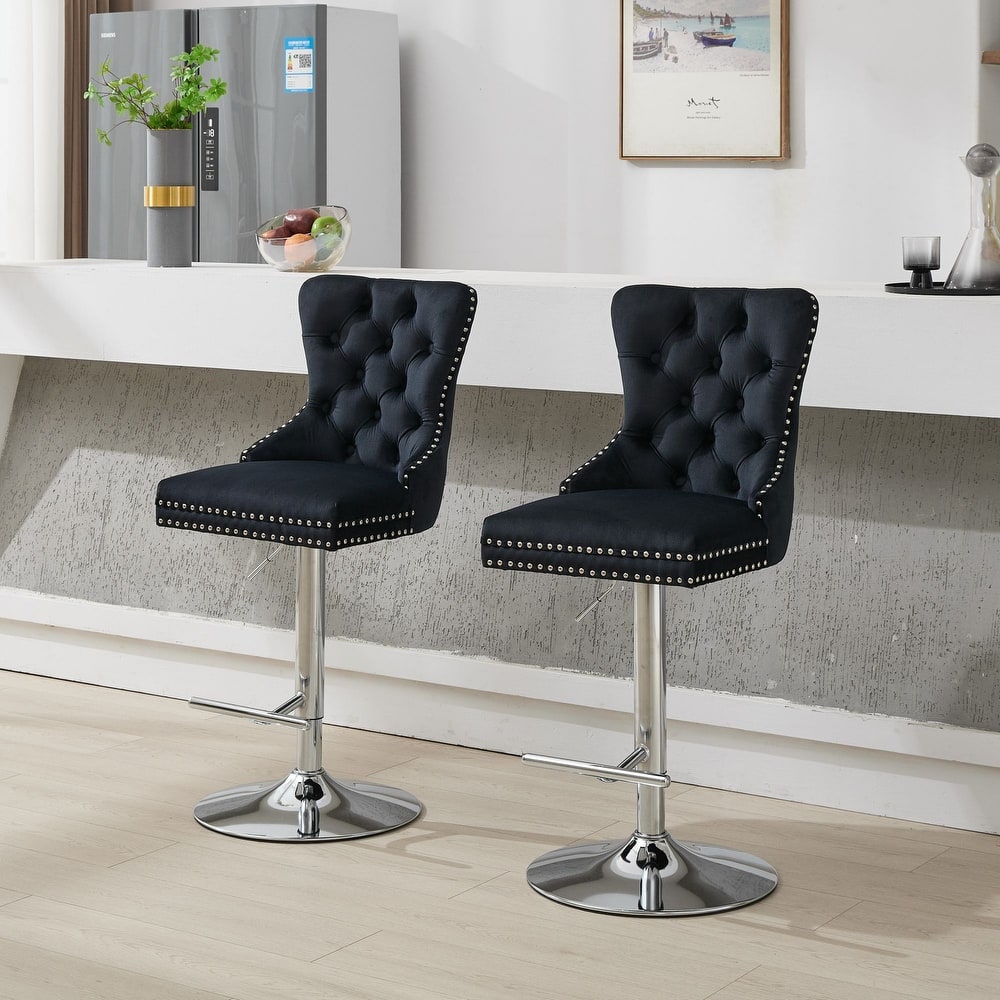 Thick Chrome Swivel Velvet Barstools,Adjustable Height,Modern Upholstered,Sponge&Spring（Set of 2)