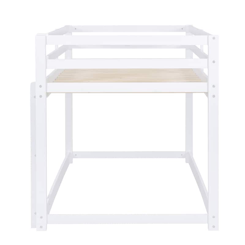 Twin over Twin Floor Bunk Bed with Ladder, White