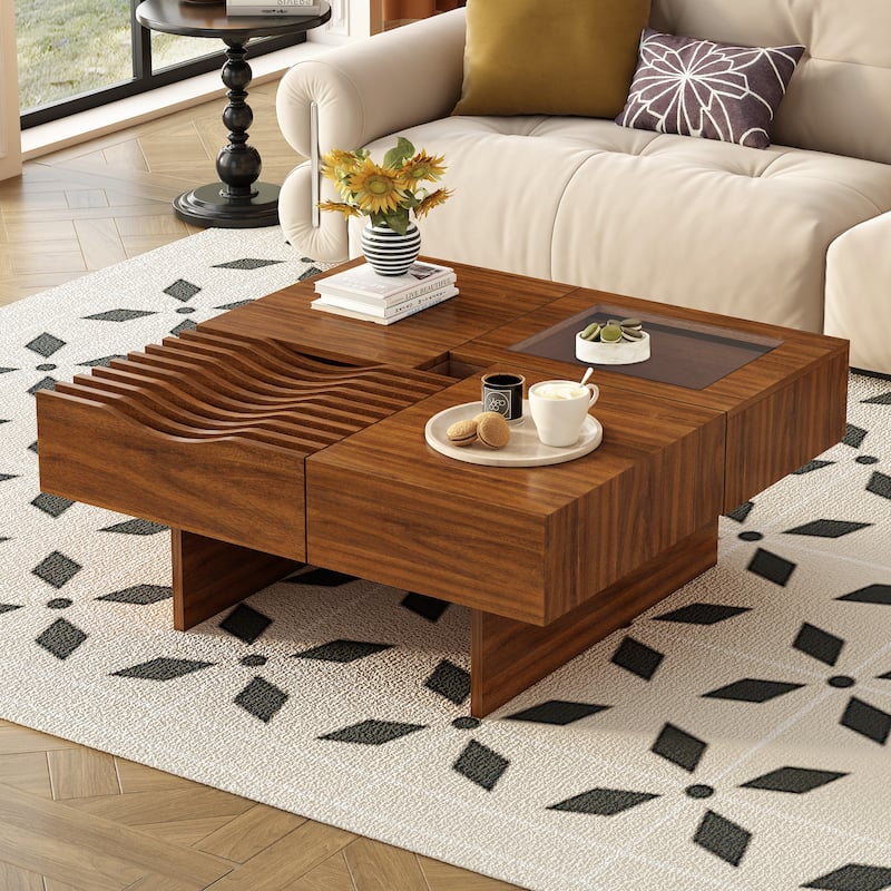 Roomfitters Square Mid-Century Coffee Table with Glass Top and 3 Storage Compartments, Solid Wood Legs