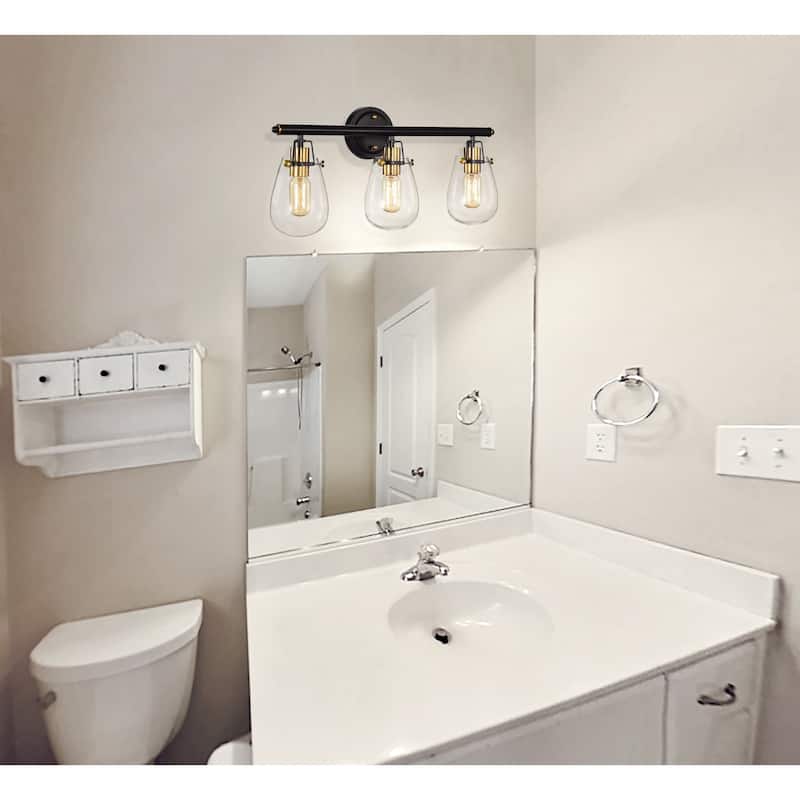 Ontario Black and Antique Gold 3-Light Vanity Light with Glass Shades