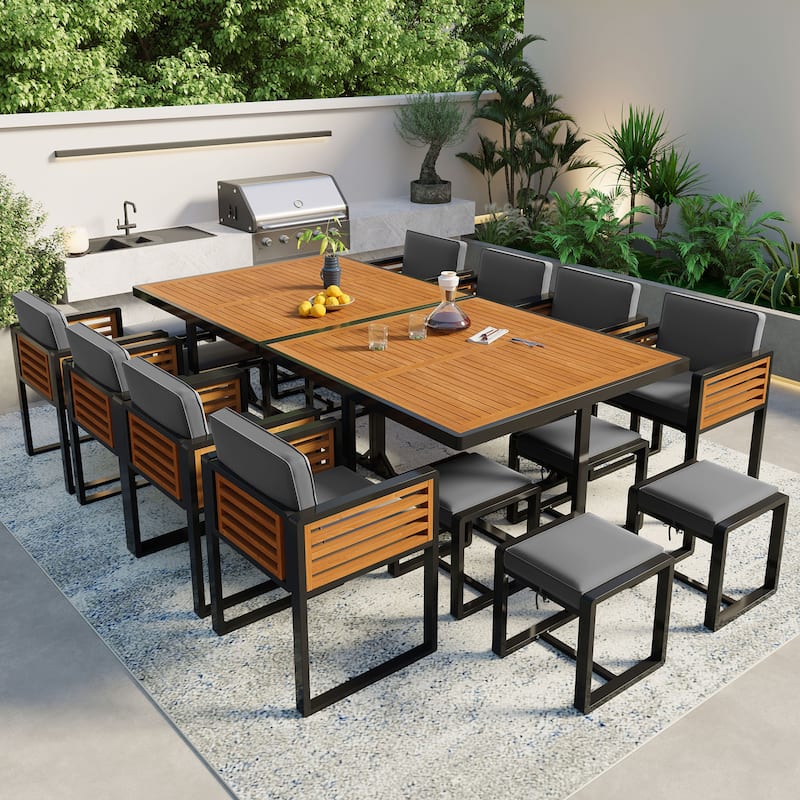 9-Piece/18-Piece Acacia Wood Patio Dining Set, Outdoor Dining Table Set with Cushioned Chairs, Ottomans and 1 Square Table