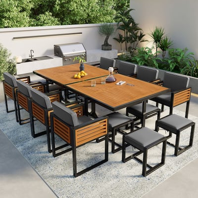 9-Piece/18-Piece Acacia Wood Patio Dining Set, Outdoor Dining Table Set with Cushioned Chairs, Ottomans and 1 Square Table