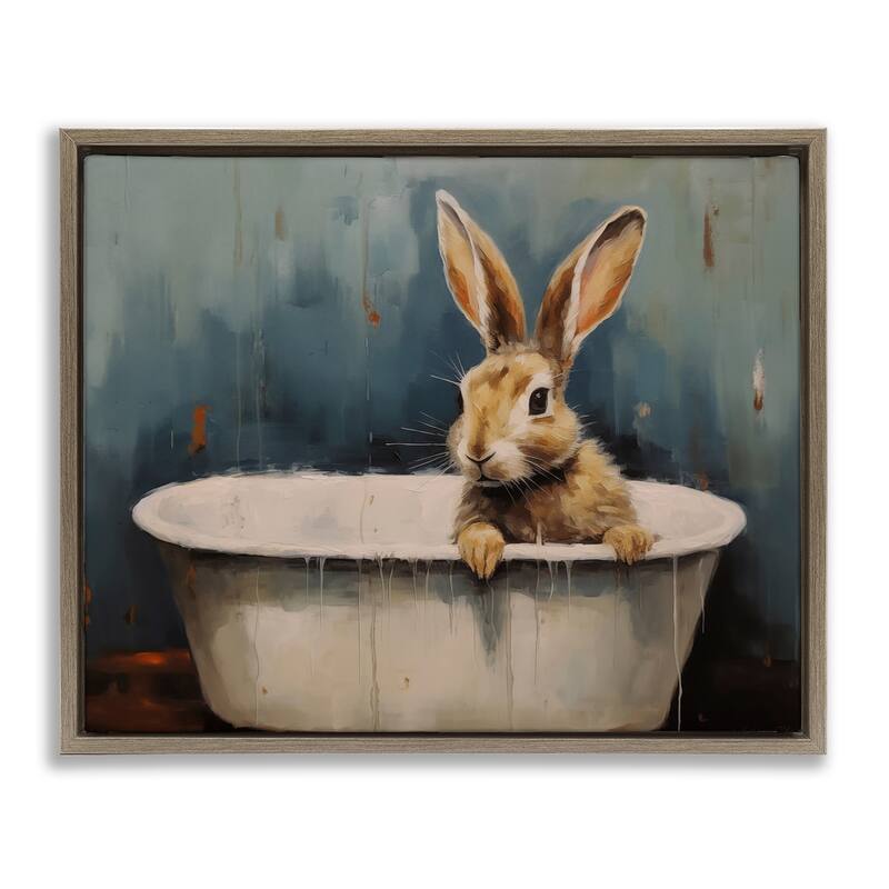 Stupell Baby Bunny in Tub Framed Floater Canvas Wall Art Design By Arlington Prints - 21 x 17 - Brown