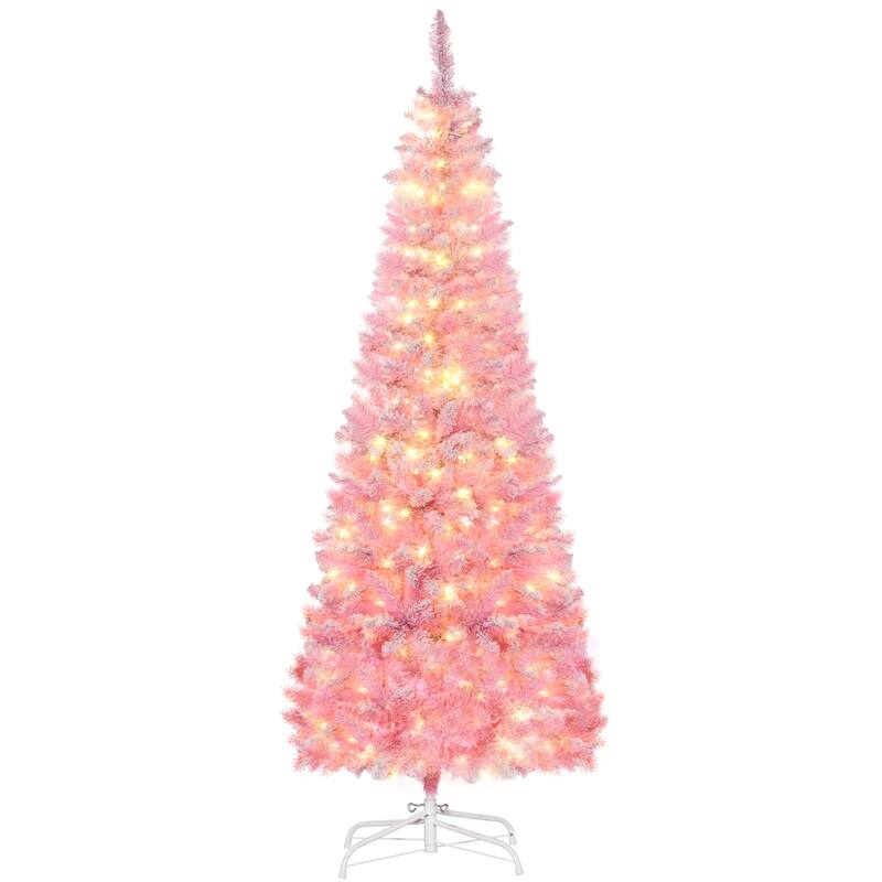 HOMCOM Pre-Lit Snow Flocked Pencil Tree - Realistic Pine Branches, Warm White LED Lights, Auto Open, Pink & White