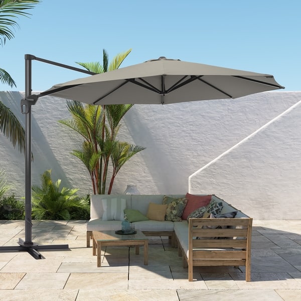 10 foot patio umbrella with solar lights and screen Sunnydaze 10-Foot Offset Cantilever Solar Patio Umbrella with Outdoor LED Lights, Crank, and Cross Base, Navy Blue main image 1