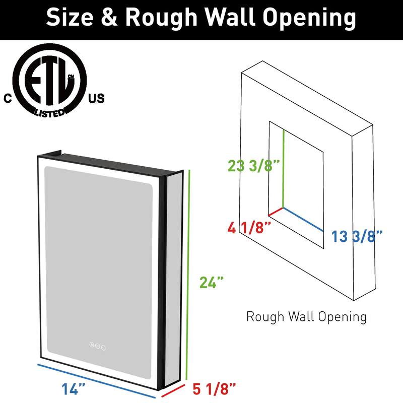 Grand Aluminum Medicine Cabinet with Mirror, Adjustable Shelves, Dimmable Light, Anti-Fog, Recessed or Wall Mount