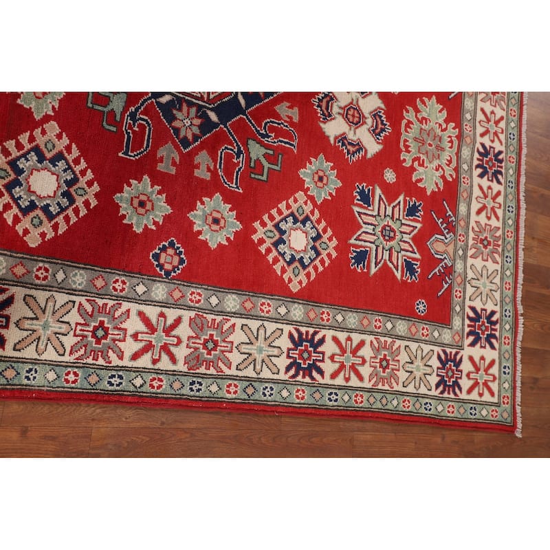 Red Geometric Kazak Area Rug Handmade Oriental Bedroom Wool Carpet - 4'10" x 6'5"