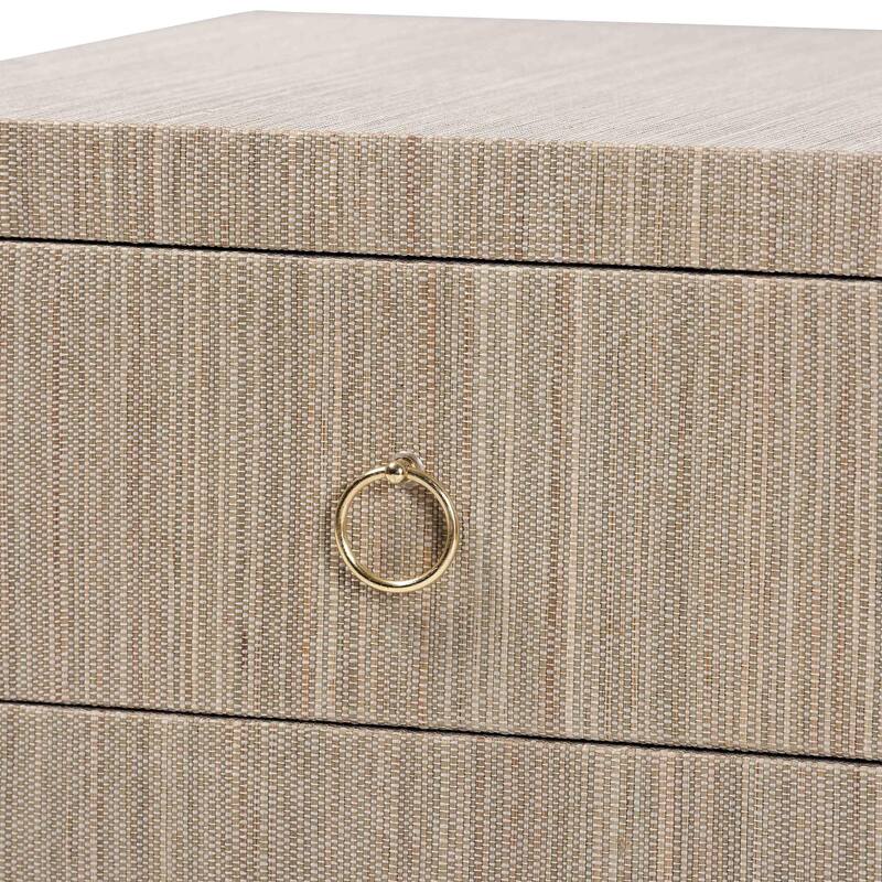 Juniper Grasscloth Nightstand with Scalloped Base - Woven Texture 2-Drawer Bedside Table with Gold Ring Pulls