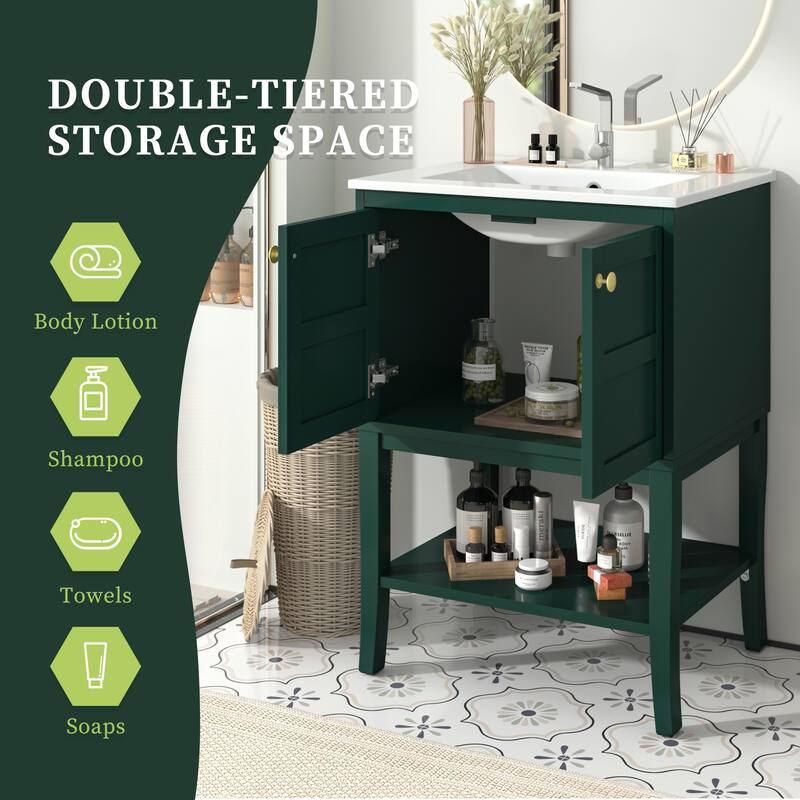 24'' Bathroom Vanity with Top Sink, Modern Bathroom Storage Cabinet with 2 Doors, Single Sink Bathroom Vanity,Green
