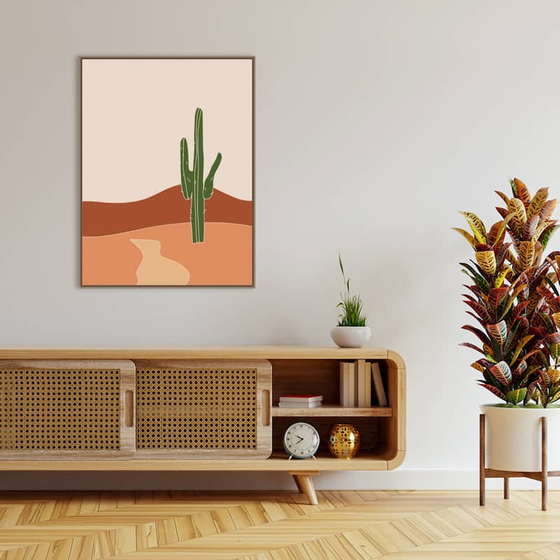 Cactus Against Earthy Brown And Beige Tones by Little Dean Framed Canvas Wall Art Print - Sylvie Beaded Gold