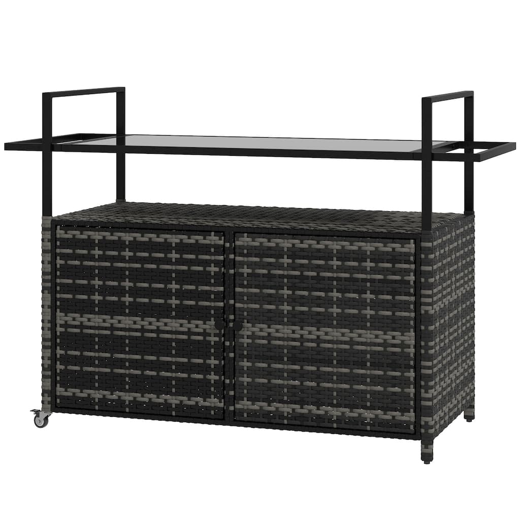 Outdoor Bar Cart PE Rattan Steel Tempered Glass Rolling Beverage Serving Cart with Storage - 51.25" W x 19.75" D x 35.5" H