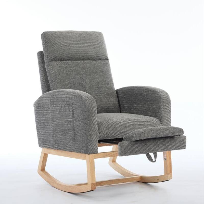 Modern Accent Rocking Chair Rocking Chair with Solid Wood Legs,Comfy Armchair with Side Pocket, with High Backrest Teddy