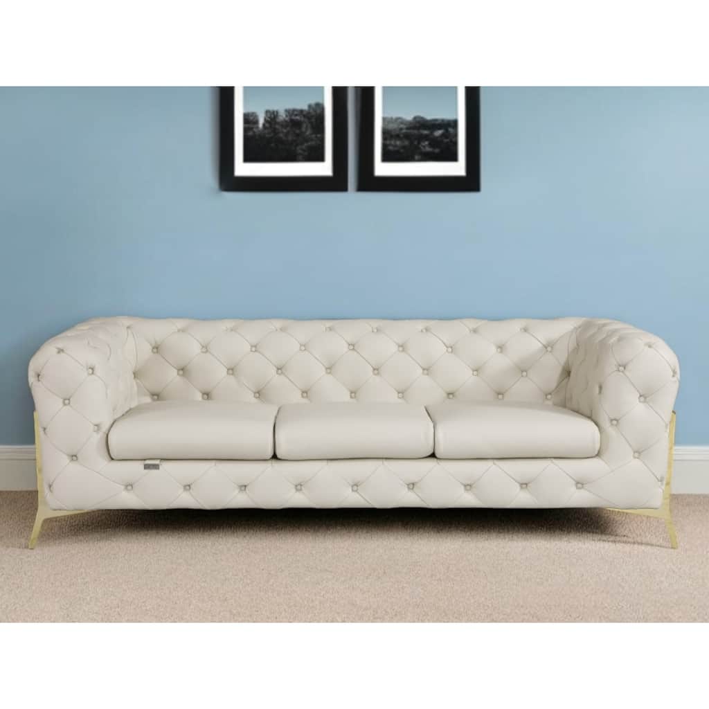 HomeRoots 93" Beige Italian Leather Sofa With Silver Legs - 31" H x 93" W x 38" D