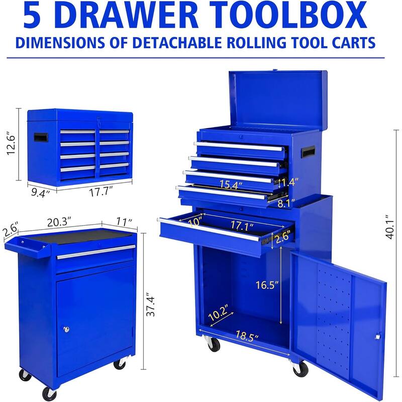 5 Drawer Detachable Tool Cabinet with Moving Wheel 2 Brakes, Tool Box - 5-Drawer
