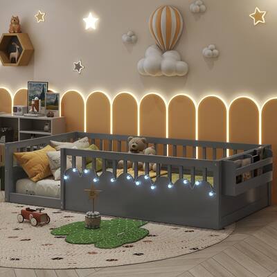 GDF Studio - Ellington Twin Montessori Floor Bed with High Rails, LED Light, and Storage Shelf