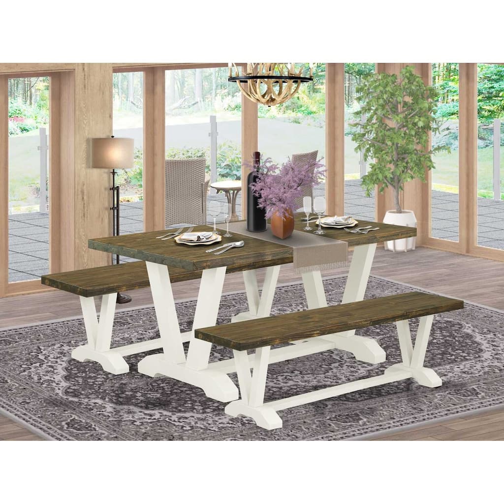 HomeStock 3-Piece Rectangle Distressed Jacobean Finish Solid Wood Top Dining Table with 2-Benches