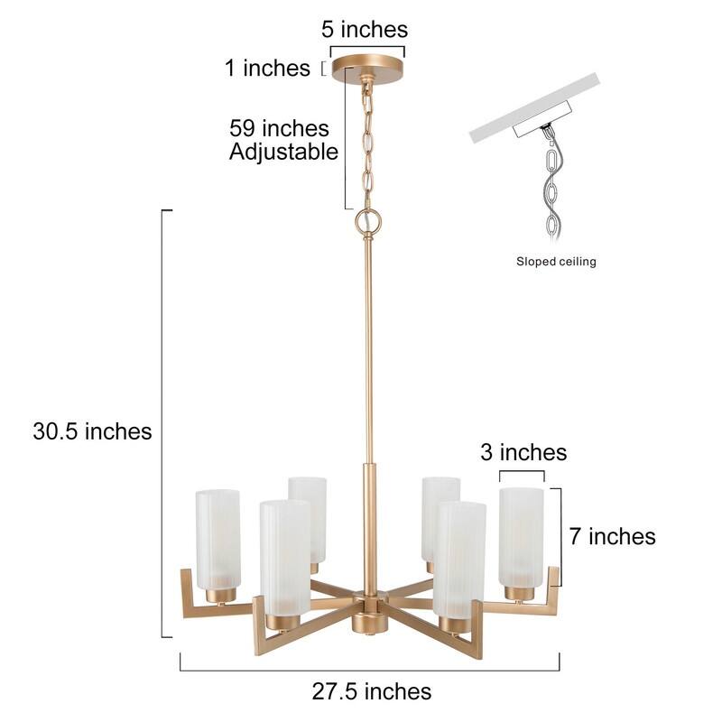 Modern Gold 6-Light Frosted Glass Wagon Wheel Chandelier for Dining Living Room - 27.5"Dx30.5"H