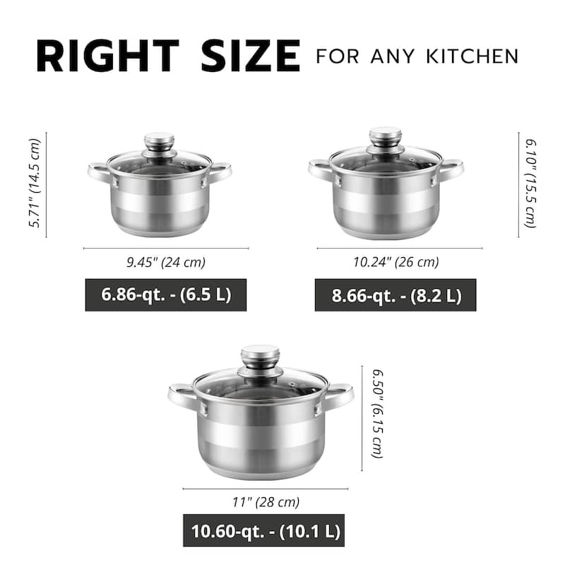 STP Goods Stainless Steel Stock Pot w/ Glass Lid Set of 3 - Set of 3