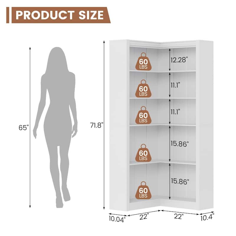 71.8" Tall Corner Bookshelf, 5-Tier L-Shaped Corner Bookcase, Modern Industrial Wood Display Storage Shelves for Living Room