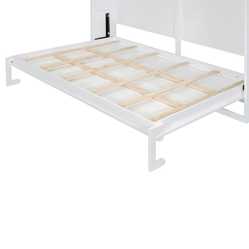 Full/Queen Size Murphy Bed with Rattan Doors and Charging Station, Hideaway Wood Wall Chest Bed Frame, No Box Spring Needed