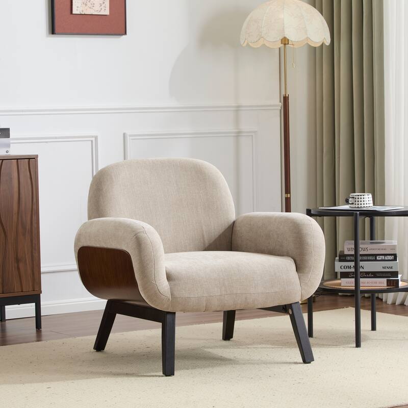 Roomfitters Mid-Century Upholstered Armchair with Curved Back and Wood Accents, Khaki