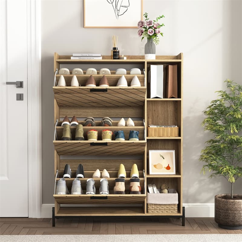 Modern Shoe Cabinet with 3 Flip Drawers & Open Shelves