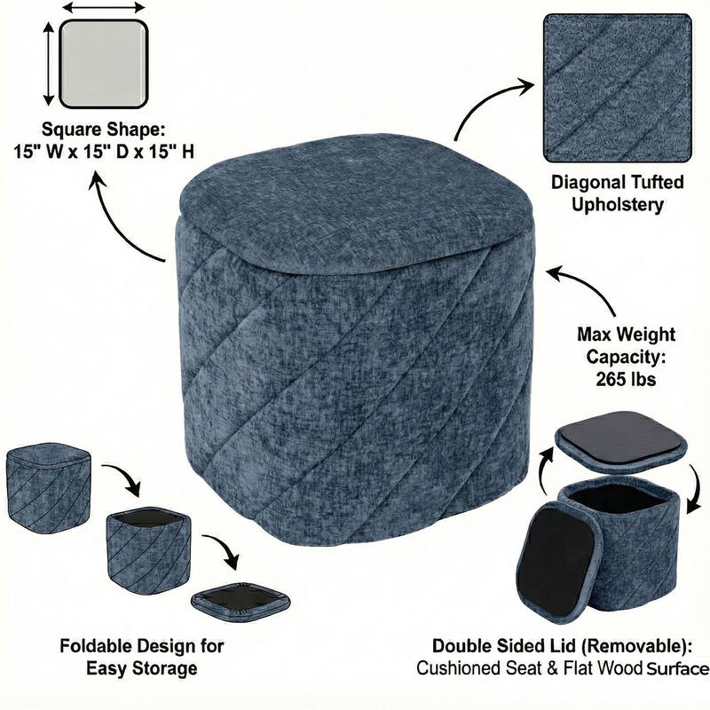 Square Diagonal Tufted Folding Storage Ottoman with Reversible Lid