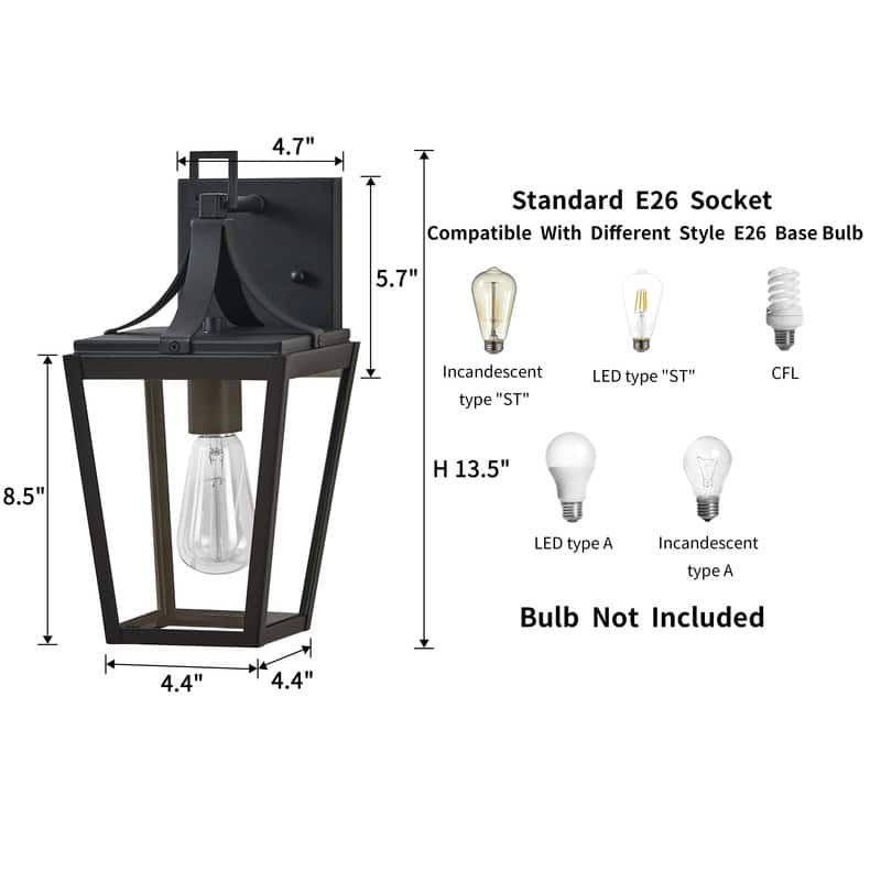 KAWOTI 13.5" 1-Light Outdoor Waterproof Wall Lantern Black - W6.5" x E7.7" x H13.5"