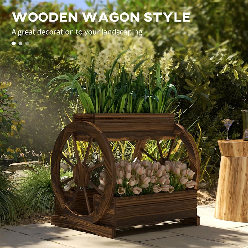 Carbonized Fir Wood Outdoor Raised Wooden Planter Box Set with Decorative Wheels - 25.25" L x 21.25" W x 23.5" H