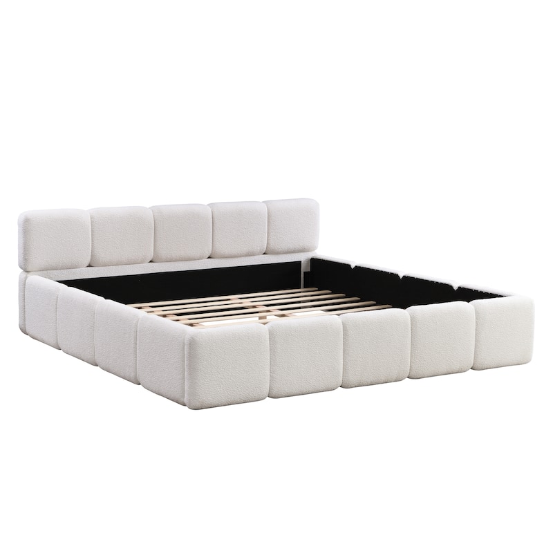 Embedded Platform Bed with Square Plush Upholstery Headboard White