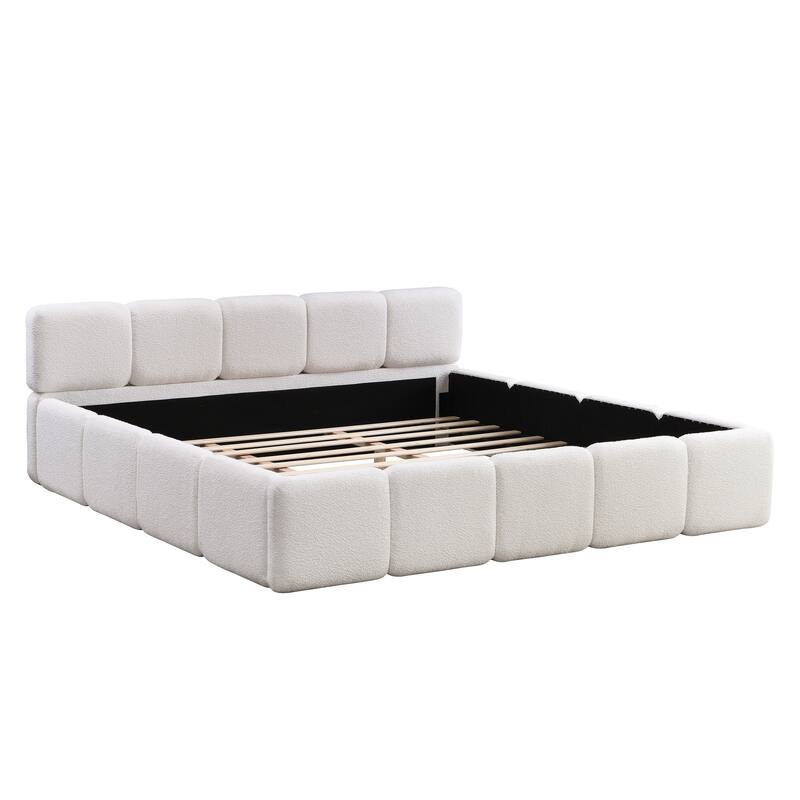Upholstered King Size Platform Bed with Boucle Headboard, White - Modern & Elegant Design