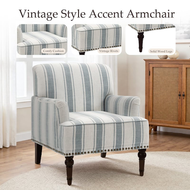 Stripe Linen Accent Arm Chair with Nailhead Trim and Wood Legs