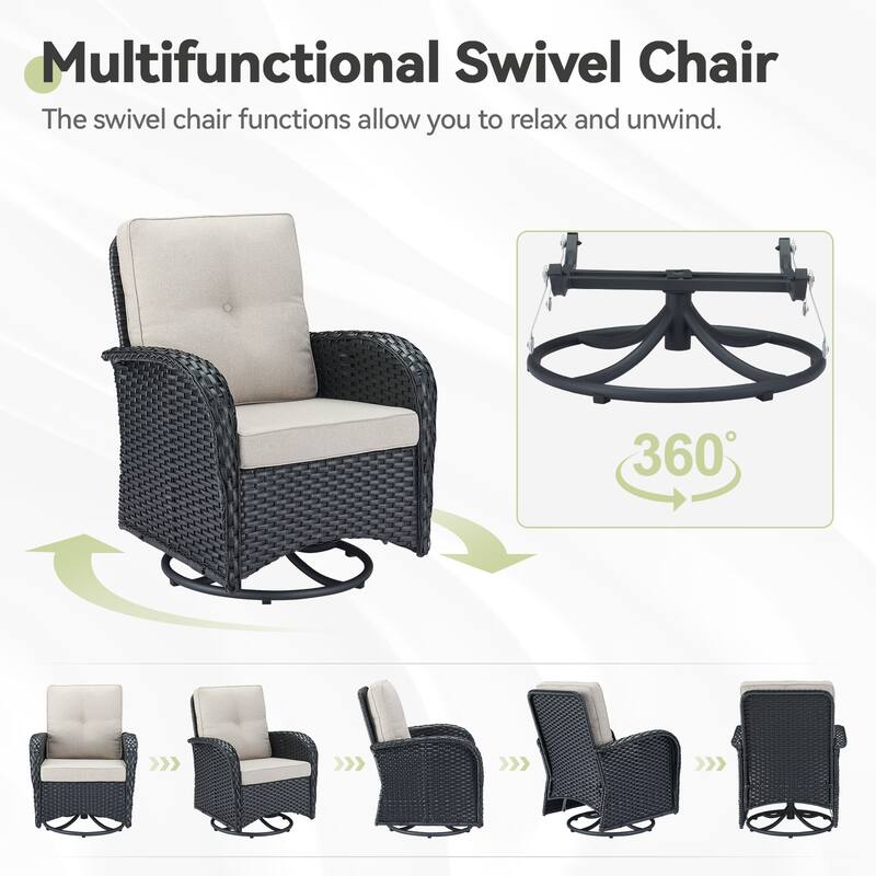 Outside Patio Swivel Chairs with Coffee Table Set - Black
