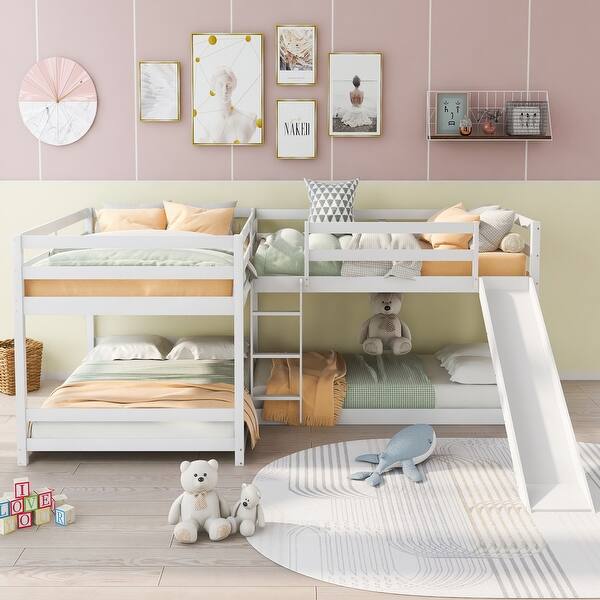 slide 2 of 9, Full and Twin Size L-Shaped Bunk Bed with Slide and Short Ladder, White White