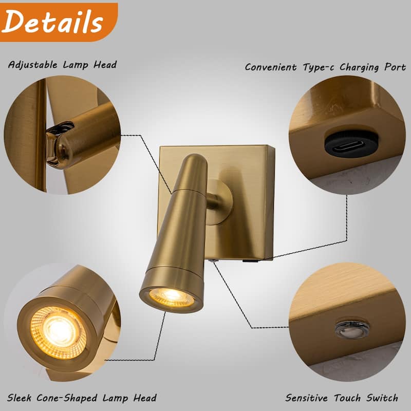 Rechargeable Cordless Wall Sconce LED Brass Spot Light with Remote and Touch Dimming Adjustable Head Accent Light for Bedroom