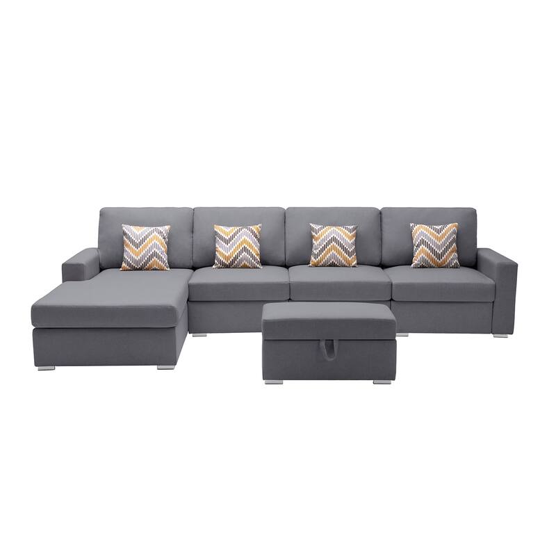 Linen Fabric 5 Piece Reversible Sofa Chaise with Interchangeable Legs and Storage Ottoman in Grey - 5 Piece - Gray