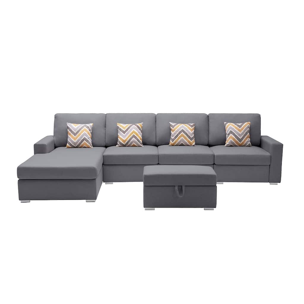 Linen Fabric 5 Piece Reversible Sofa Chaise with Interchangeable Legs and Storage Ottoman in Grey