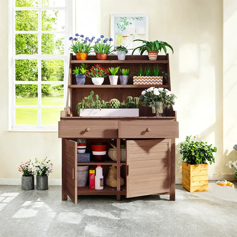 65 Inch Garden Potting Bench Table Fir Wood Workstation - Brown