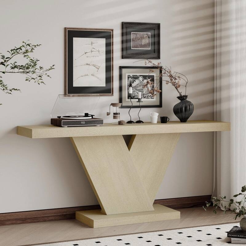 66" Modern X-Leg Console Table - Solid Wood Veneer Narrow Sofa Table with Geometric Design