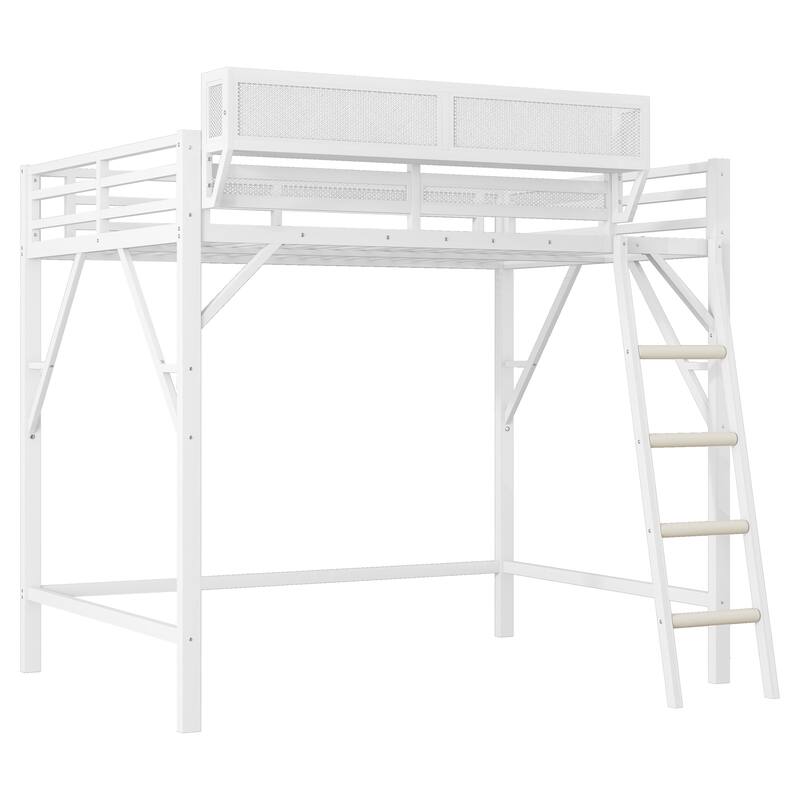 Full Size Metal Loft Bed with Ladder and Storage Shelves, High Loft Bed for Kids and Teens, White