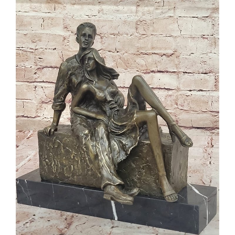 Relaxed Couple Bronze Sculpture – Intimate Sitting Lovers Figurine On Marble Base