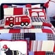 preview thumbnail 1 of 3, Thomas Firetruck Blue Red Plaid Patchwork Queen Quilt Bedding Set
