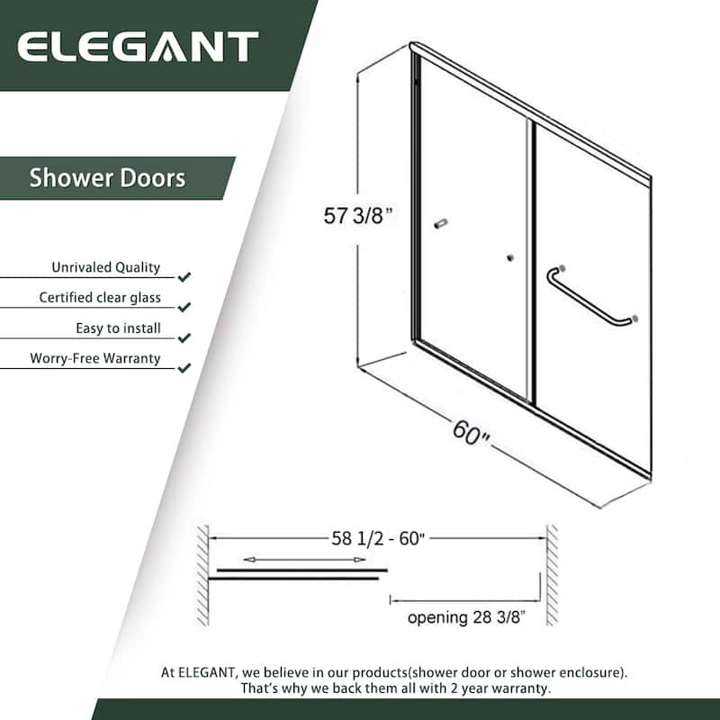 Elegant 60" W x 57.4" H Double Sliding Shower Door in Brushed Nickel Finish for Bathtub