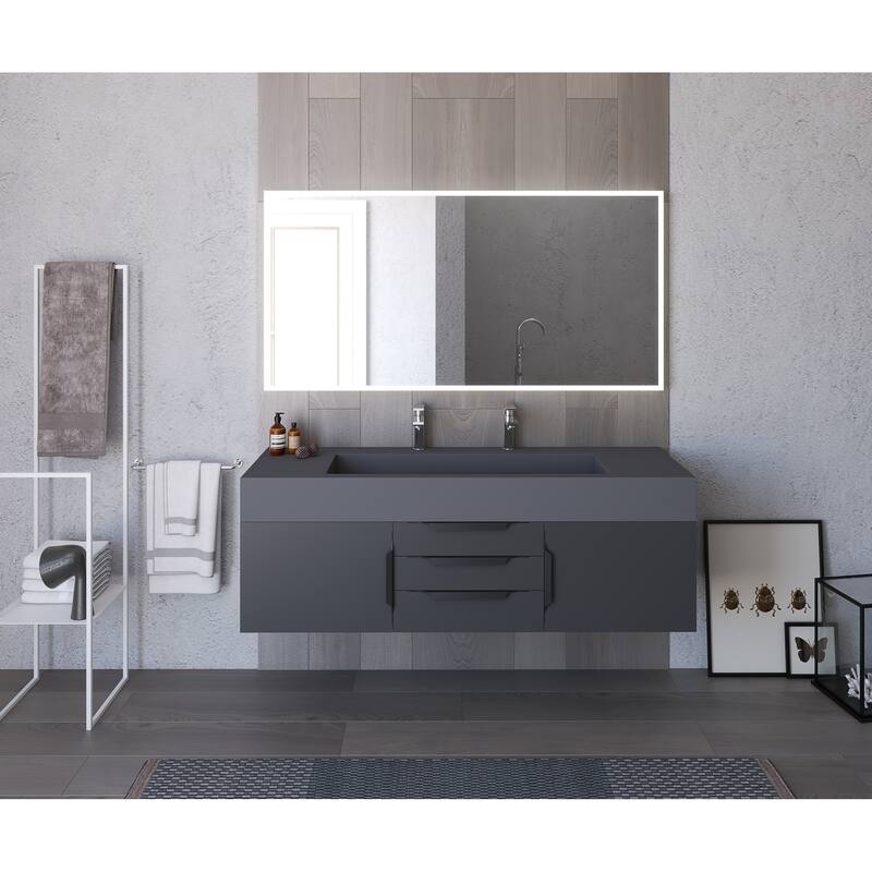 Nile 60" Wall Mounted Bathroom Vanity Set with Gray Solid Surface Top