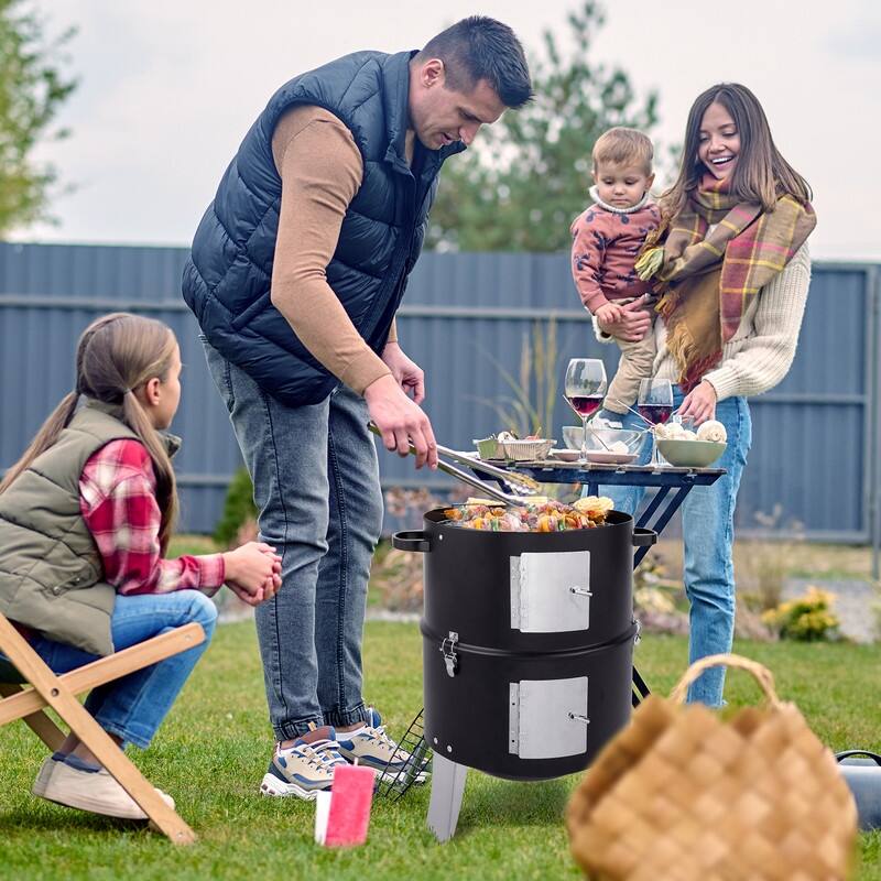 Black Metal Charcoal Smoker With Double Layer Round BBQ Grill