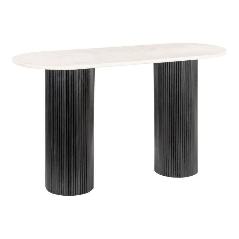 HomeRoots 52" White and Black Genuine Marble and Solid Wood Oval Double Pedestal Console Table