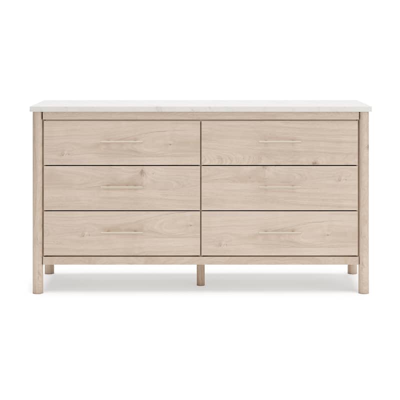 Mooran Wide Dresser, 6 Drawers, White Marble Finish Top, Brown Beige