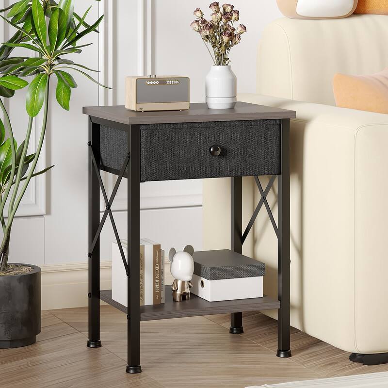 VECELO X Frame Nightstand with Removable Fabric Drawer Easy to Clean Nightstand Multifunctional End Table with Open Shelf