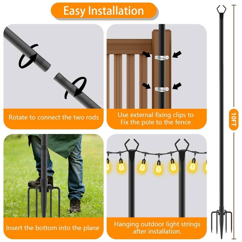 7-Pack 10FT String Light Poles – Heavy Duty, Rustproof Outdoor Use - Black